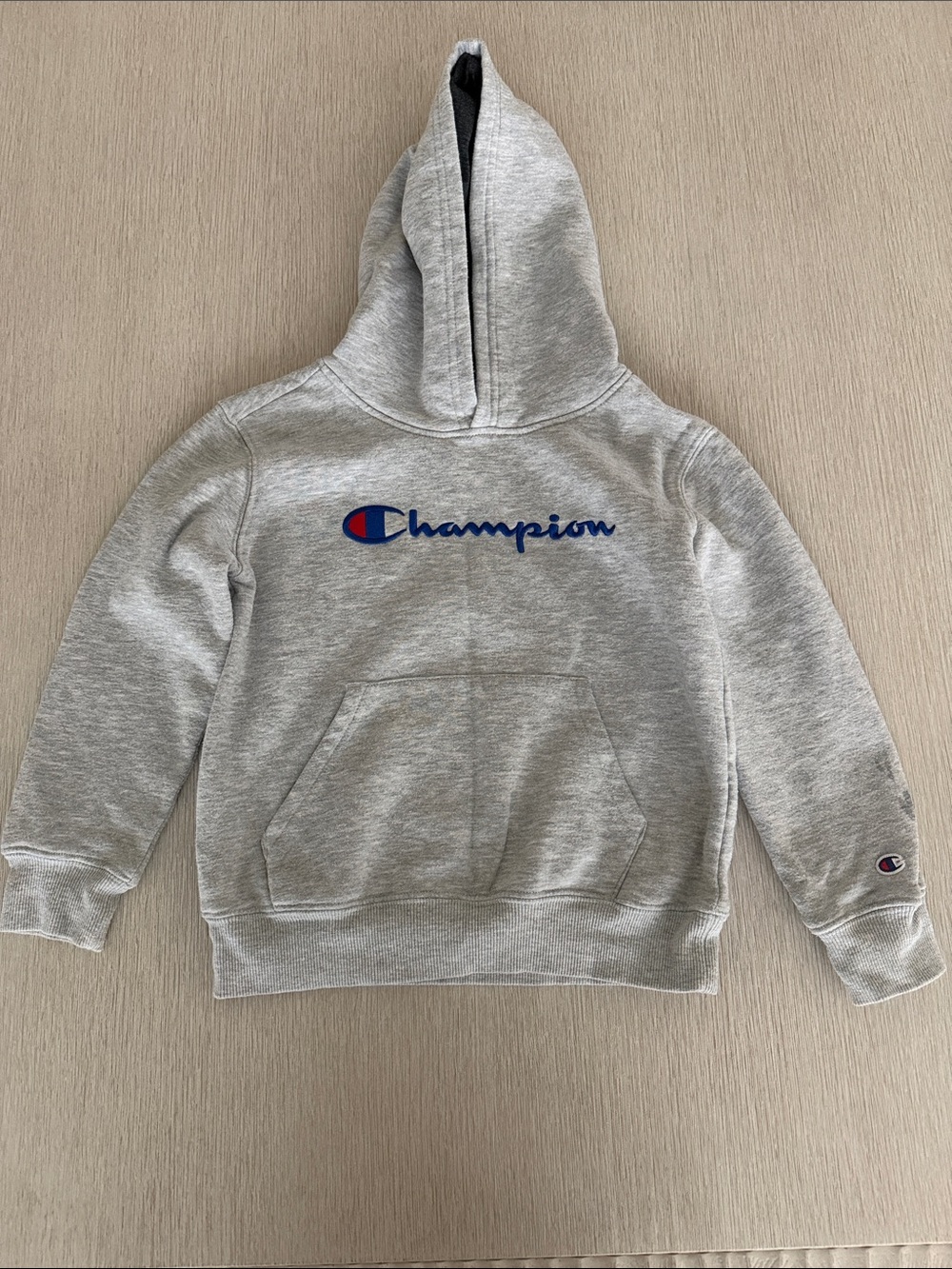 Champion Kids Light Gray Hoodie with Blue & Red Logo